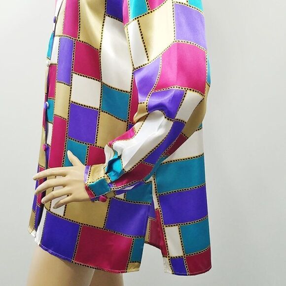 Christie and Jill Shirt Color Block Top Silky Fashion Blouse Chain Link - Picture 3 of 9